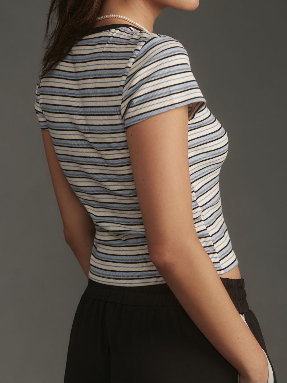 Anthropologie Ribbed Baby Tee Crew Neck New Medium Blue Stripe
